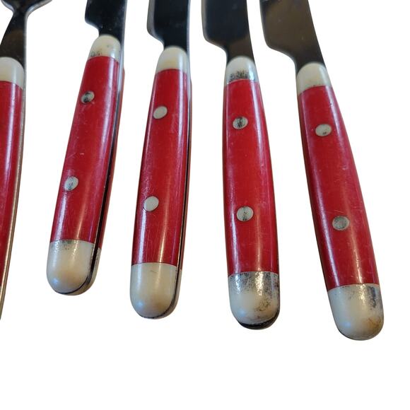 Retro Vintage Cambridge Flatware Set Red White Dot Handles Stainless Steel 12 Pc - Picture 8 of 13